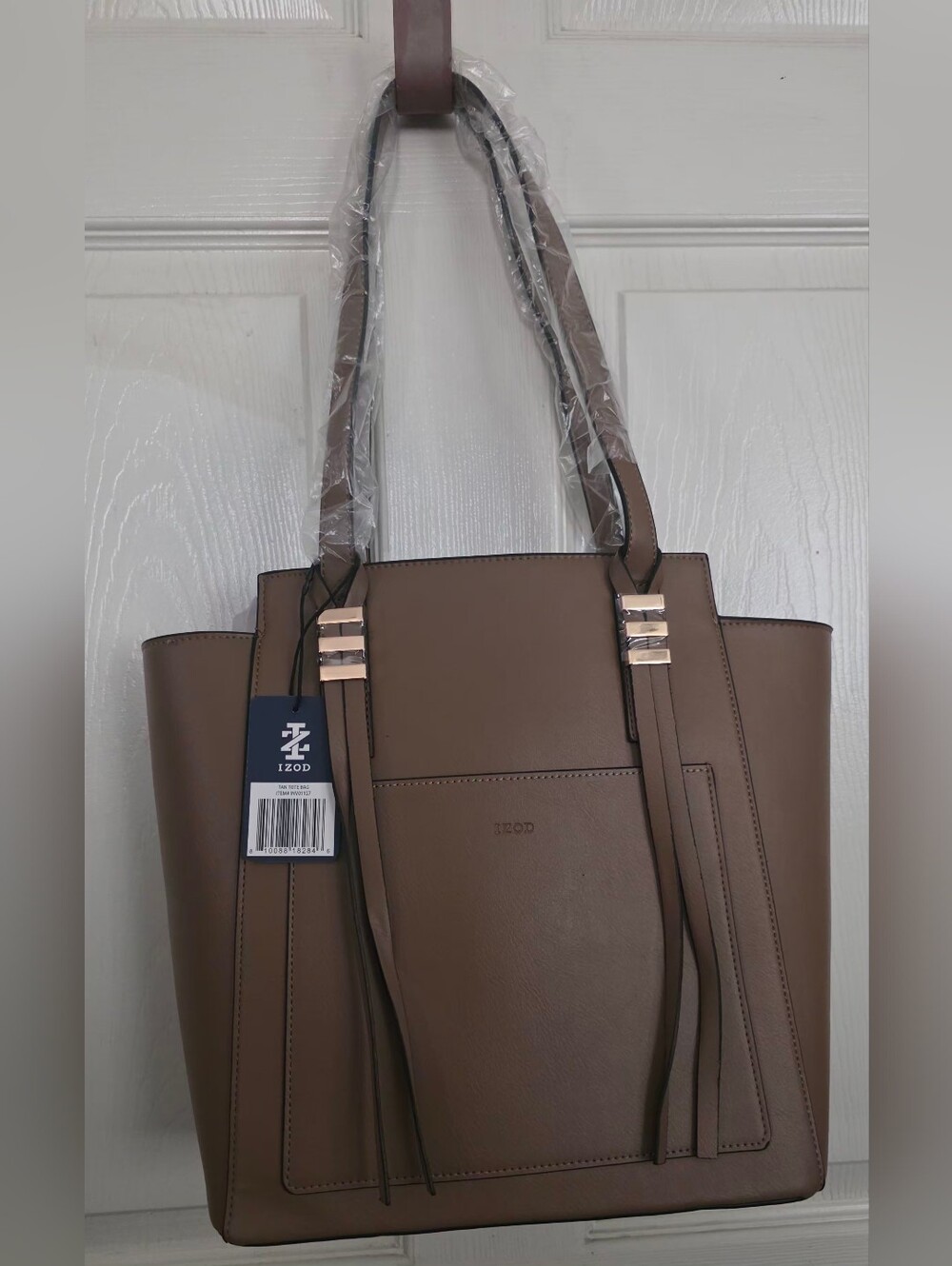 Izod Taupe Brown Faux-Leather Tote with Gold Accents